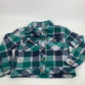 Time and Tru Green Navy Blue Gray Plaid Crop Shirt Jacket Button up Size Small